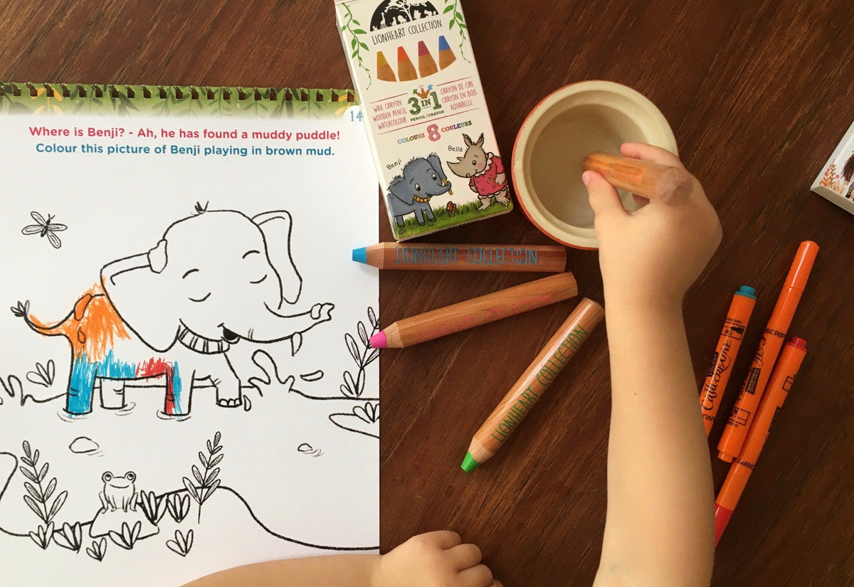 Lionheart colouring pens and crayons on a wooden table