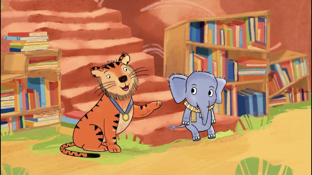 Benji the Elephant and Monty in the library, from The Lionheart Tales animated series
